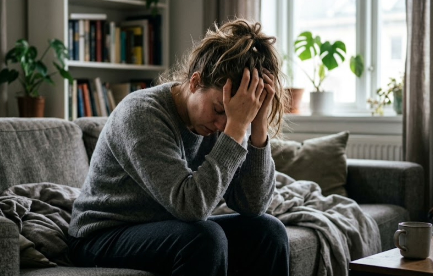 Kobieta siedząca przy oknie z kubkiem herbaty, wygląda na zmęczoną